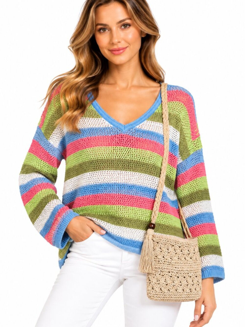 GG Jeans Colorful Striped Open Knit Sweater XL